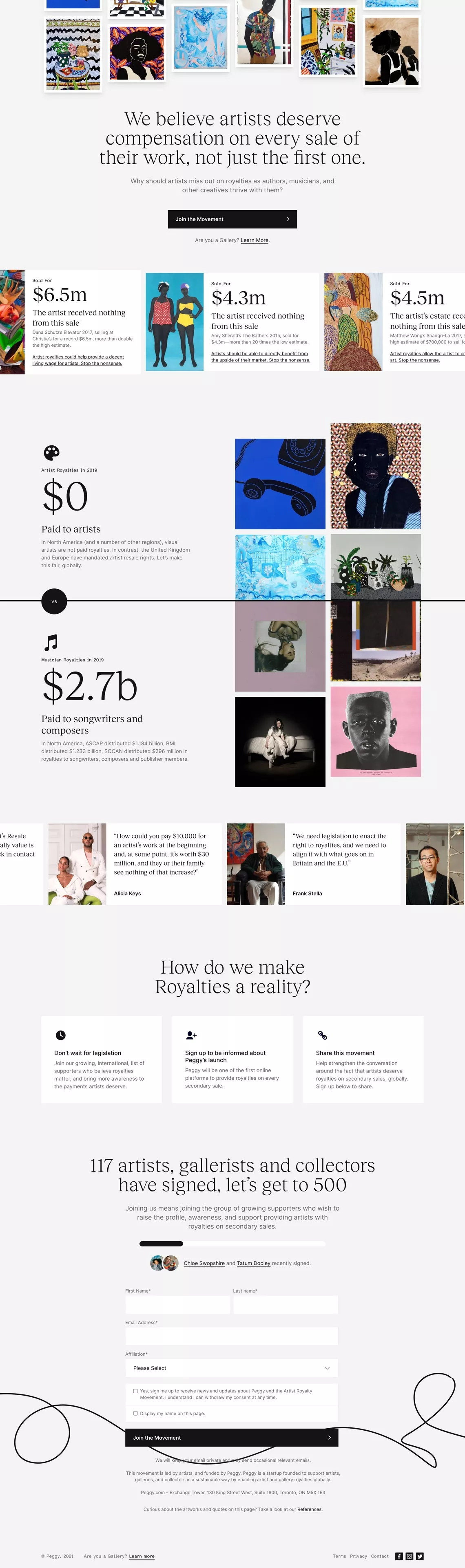 Artist Royalty Movement landing page screenshot showcasing Art design