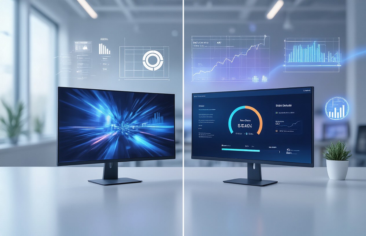 Two computer monitors displaying distinct types of data visualizations and graphs side by side.