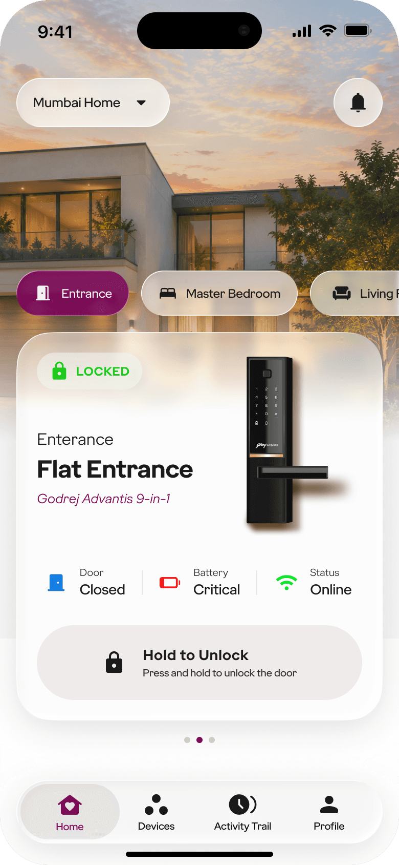 Godrej home exploration: Flat Entrance lock card showing Locked, door closed, battery critical, online, with Hold to Unlock