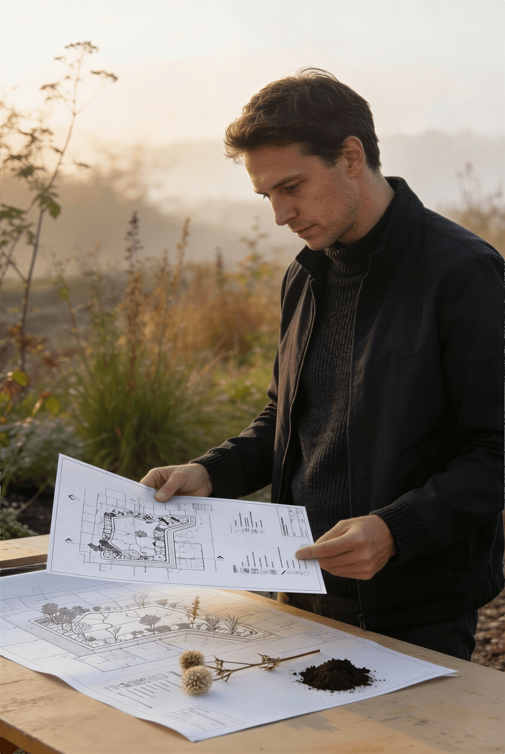 Landscape architect reviewing planting plans and material samples outdoors.