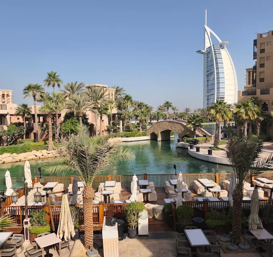 Burj al Arab view from the open air dining area of the Souk Madinat Jumeirah.