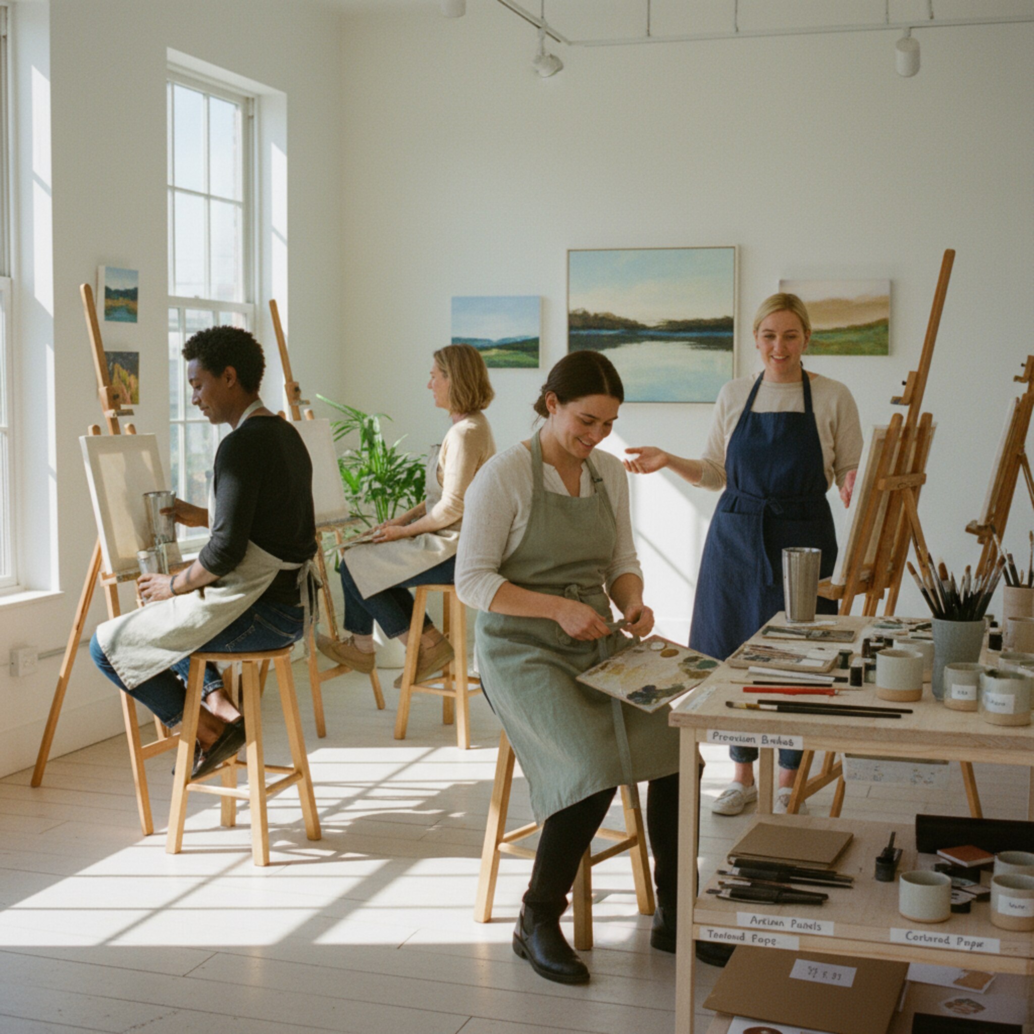 Gäste ziehen ihre Schürzen an, stellen Getränke ab und nehmen an vorbereiteten Staffeleien Platz. Ein Host begrüßt freundlich und weist auf optionale Material‑Upgrades hin, die auf einem Seitentisch dekorativ bereitliegen. Die Stimmung ist geordnet, entspannt und voller Erwartung.