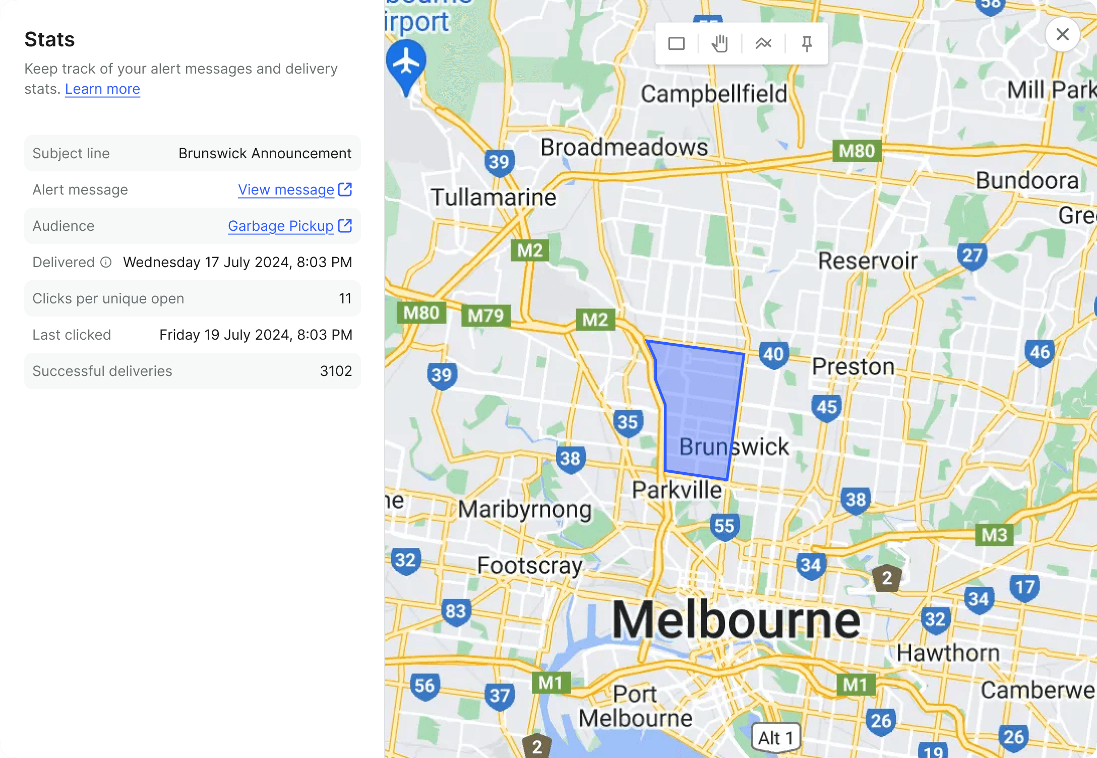 Map of Melbourne highlighting Brunswick