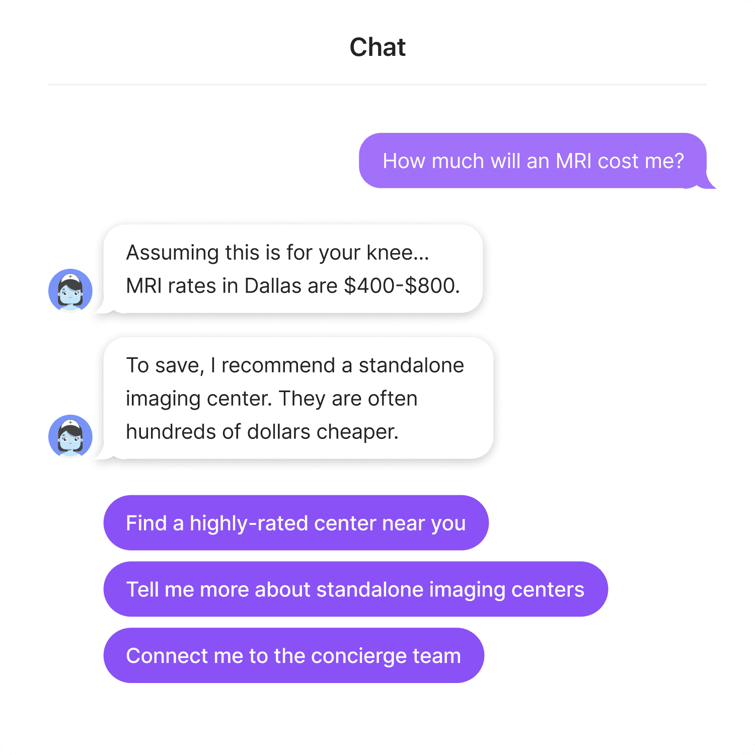 Joy AI chat answering a member's benefits question with personalized cost guidance and a care recommendation.