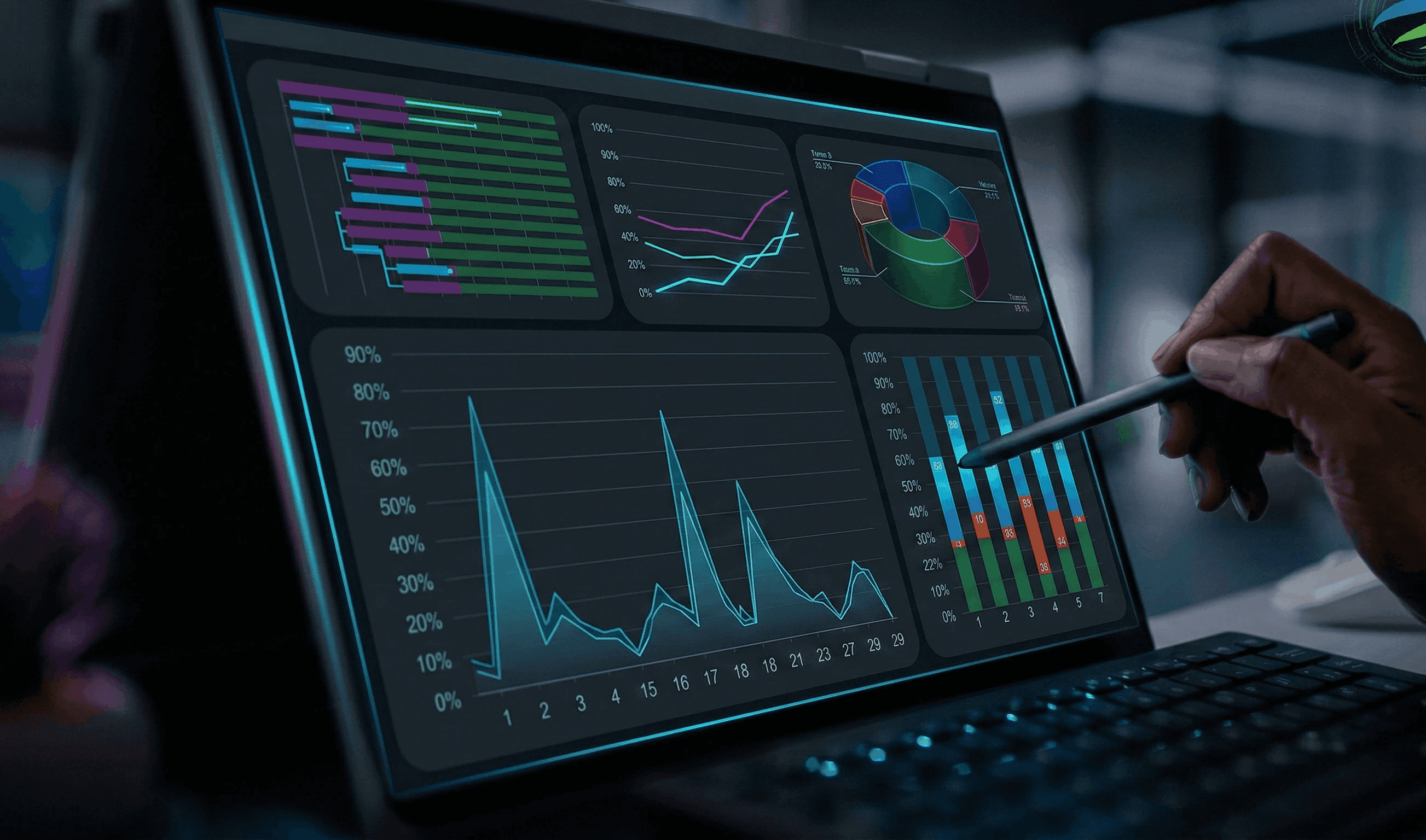 Dashboard showing MRR of $69,897 and 1206 active users with an upward trend graph.
