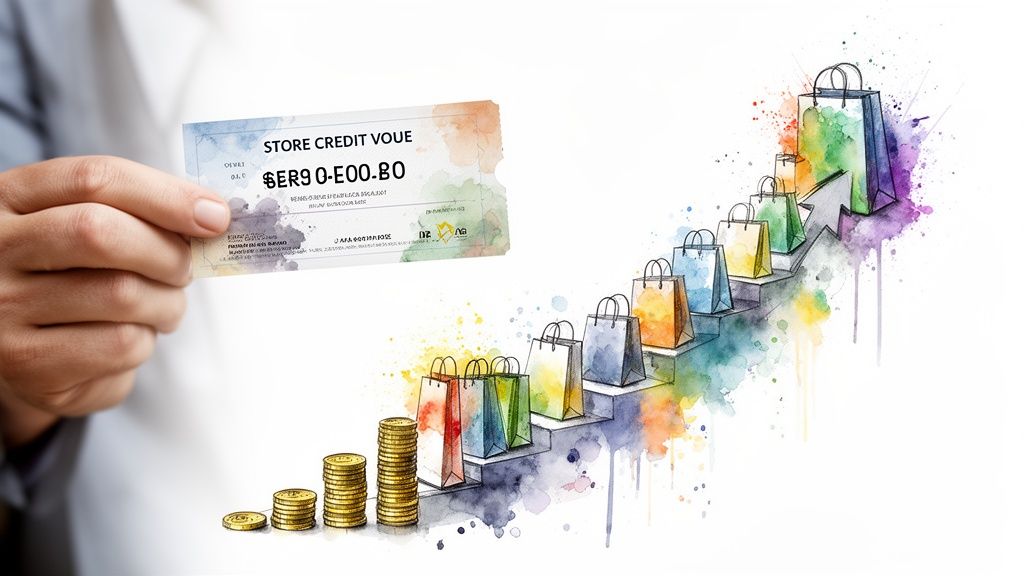 A hand holds a store credit voucher above growing coin stacks and watercolor shopping bags ascending a staircase, symbolizing retail growth.