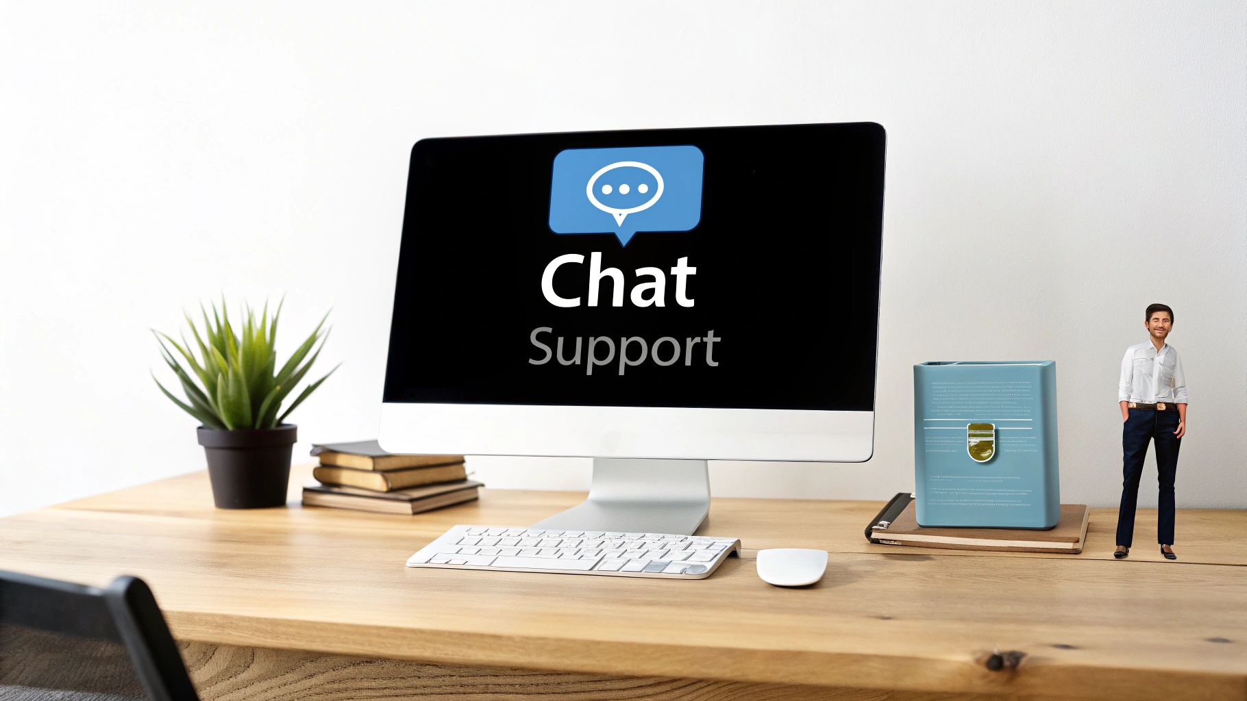 A desk with a computer showing 'Chat Support,' a plant, books, keyboard, mouse, and a small male figurine.