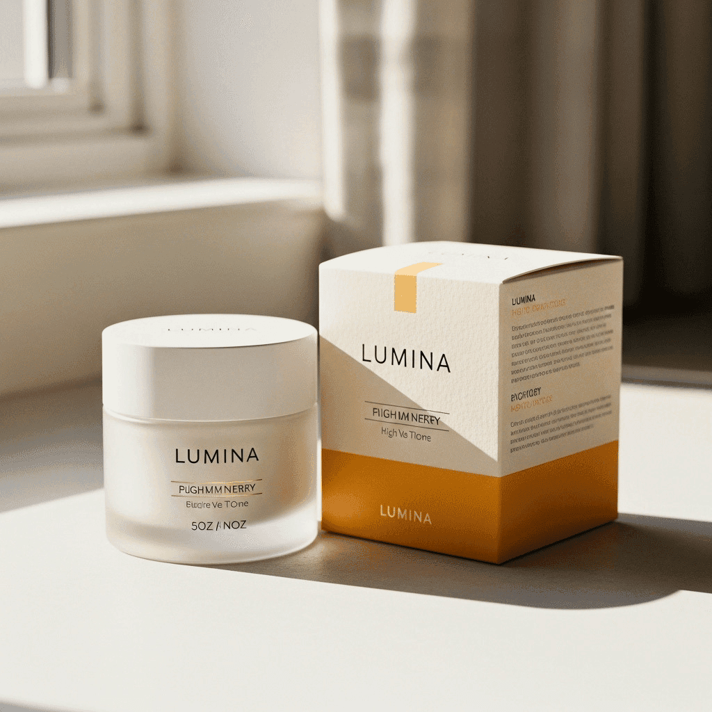 Diseño de packaging minimalista para productos de cuidado de la piel de la marca Lumina, mostrando un frasco de vidrio esmerilado y caja con detalles en mostaza.