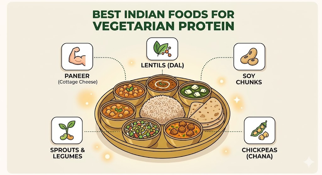 An infographic illustrating various high-protein vegetarian Indian foods. A central thali holds dishes like rice, roti, and curries, including paneer, lentils, chickpeas, and soy chunks. Surrounding icons with labels and graphics reinforce the protein theme. The title reads "BEST INDIAN FOODS FOR VEGETARIAN PROTEIN".