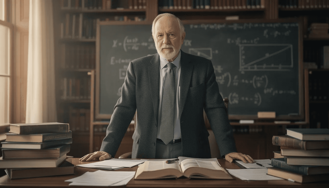 The image depicts a portrait of Jim Simons in an academic setting, likely within the mathematics department at Stony Brook University, reflecting his background as a brilliant mathematician and founder of Renaissance Technologies. Known for his pioneering work in quantitative trading and the legendary Medallion Fund, Simons is a key figure in the hedge fund industry, having significantly outperformed other funds through innovative investment strategies.