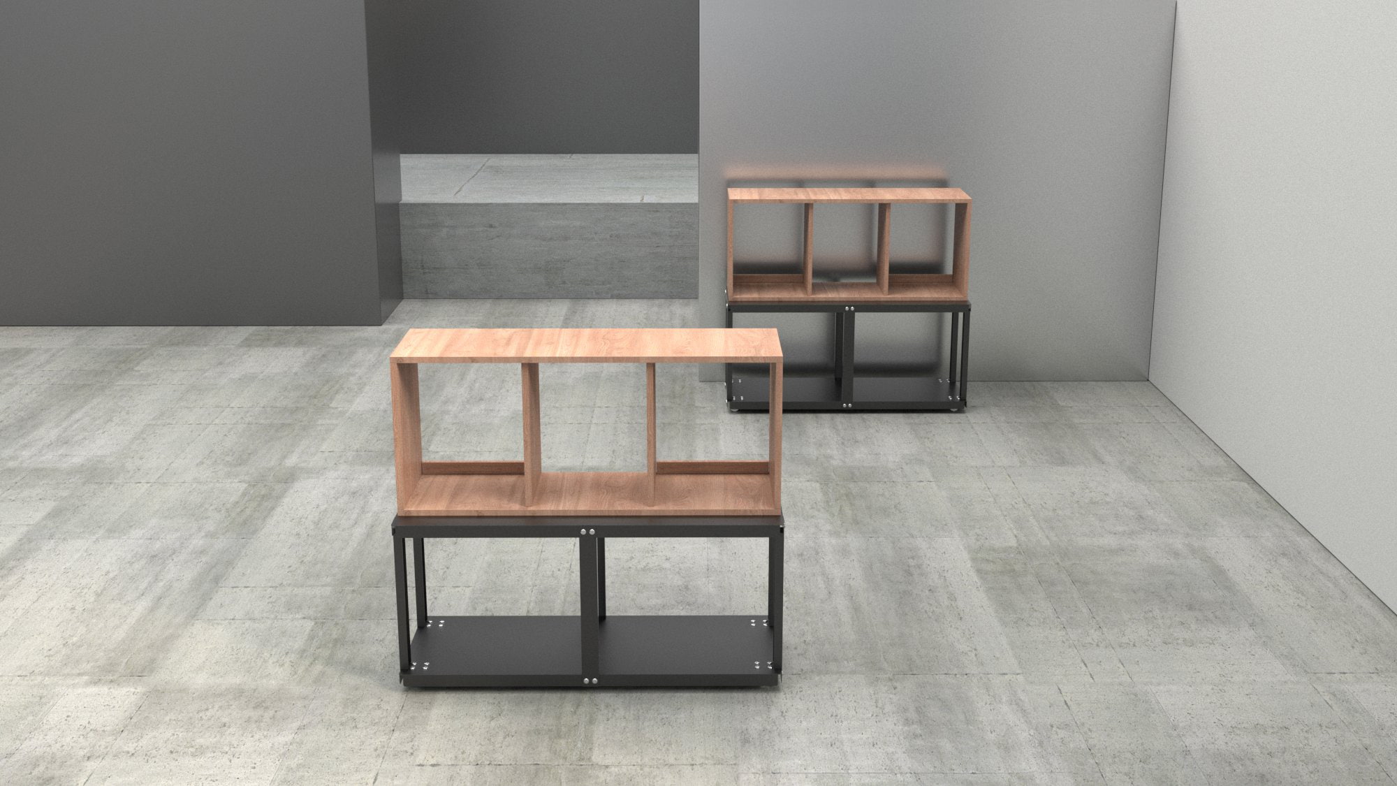 StrucShelf 로우 모듈 설치 장면 – 바닥에 안정적으로 배치된 모듈형 목재 선반, Studio Underscore 브랜드 작업