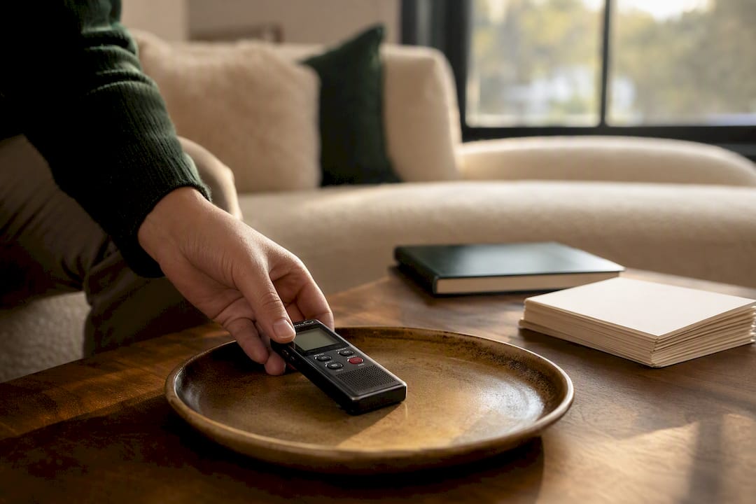 Hand placing voice recorder on desk