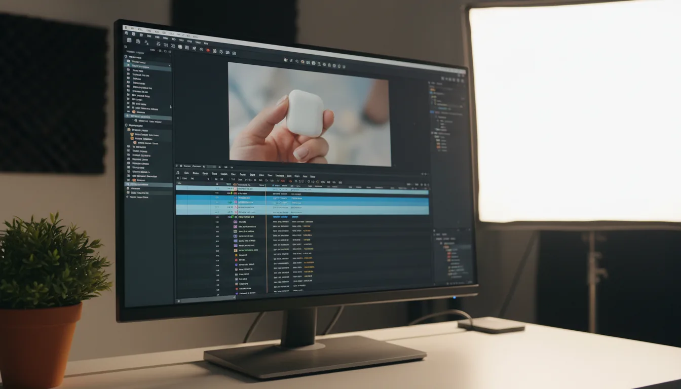 DSLR photograph of a video editor's workstation. The central focus is a computer monitor on a white desk, displaying the Final Cut Pro user interface in dark mode. The screen is in sharp focus, showing a complex video timeline with multiple clips and a preview window displaying a hand holding a white wireless earbud case. The scene is illuminated by soft studio lighting from a large, glowing softbox in the upper right background, creating cinematic contrast. A small potted plant sits on the desk. The image has a shallow depth of field.
