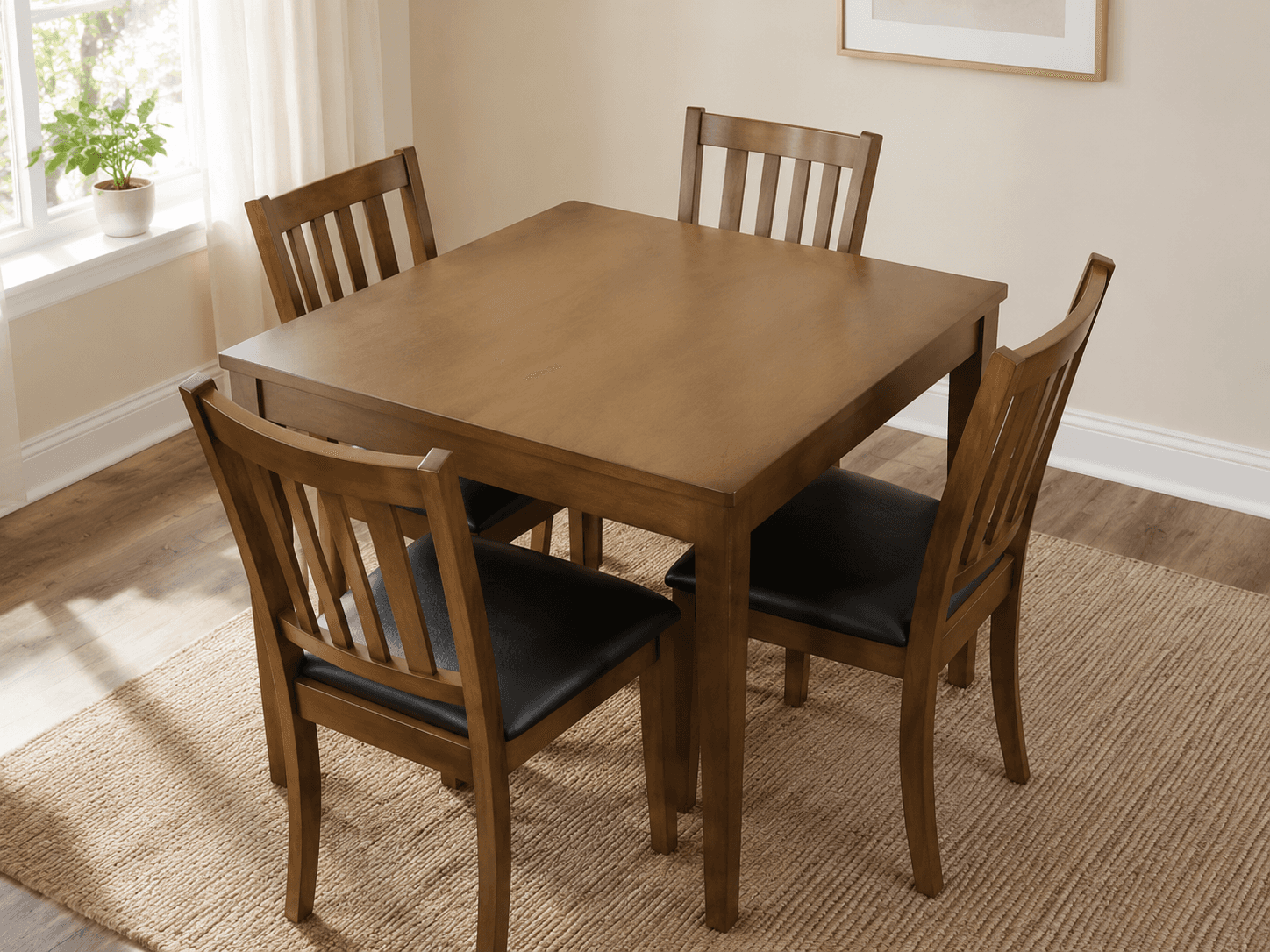 Classic wood dining table with black cushioned chairs