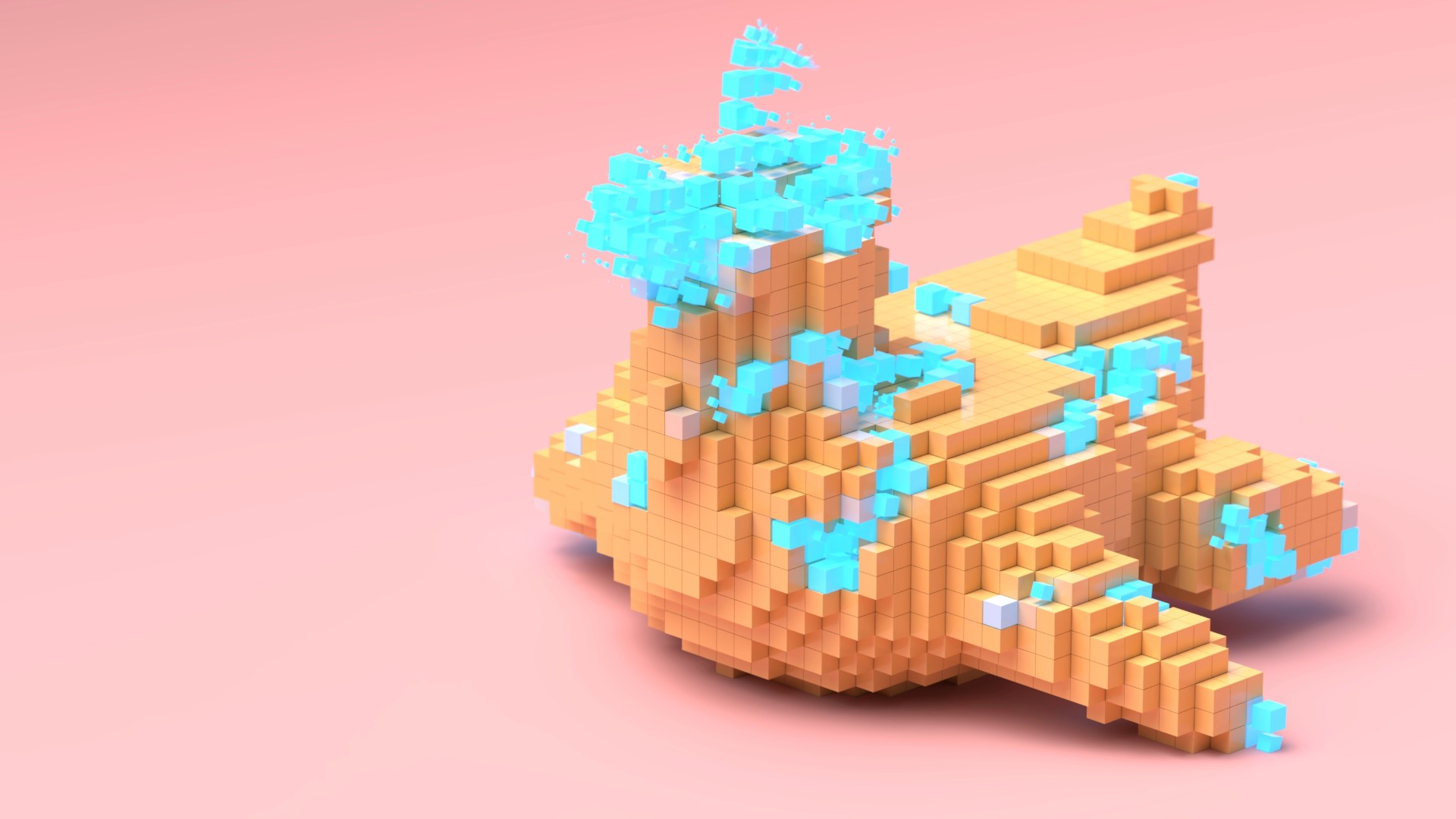 Procedural build-up animation created with KineFX in SideFX Houdini, showing a voxel-style 3D structure forming from orange and blue blocks. The image highlights motion design techniques using Houdini’s KineFX system for procedural modeling and animation control.