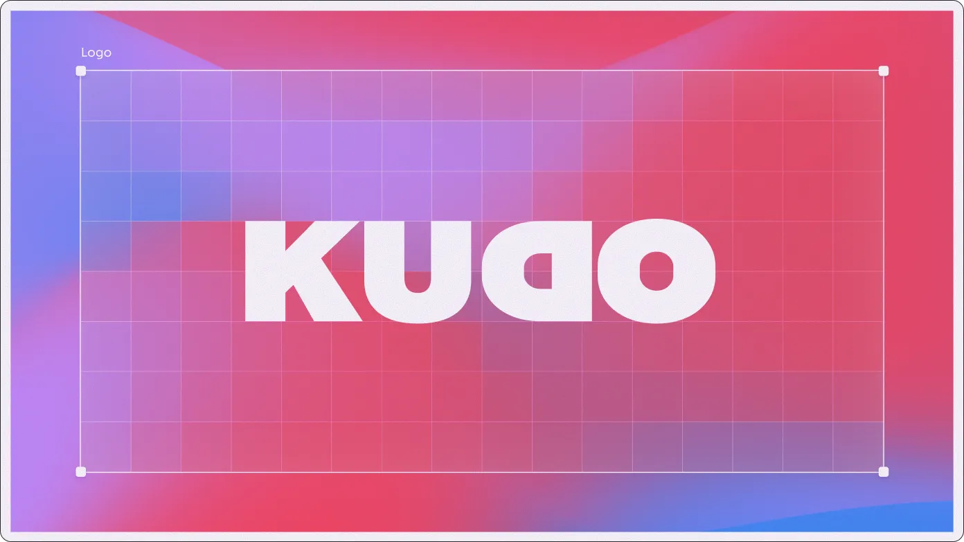 Kudo brand identity showcase featuring logo construction, gradient color systems, and visual identity guidelines.