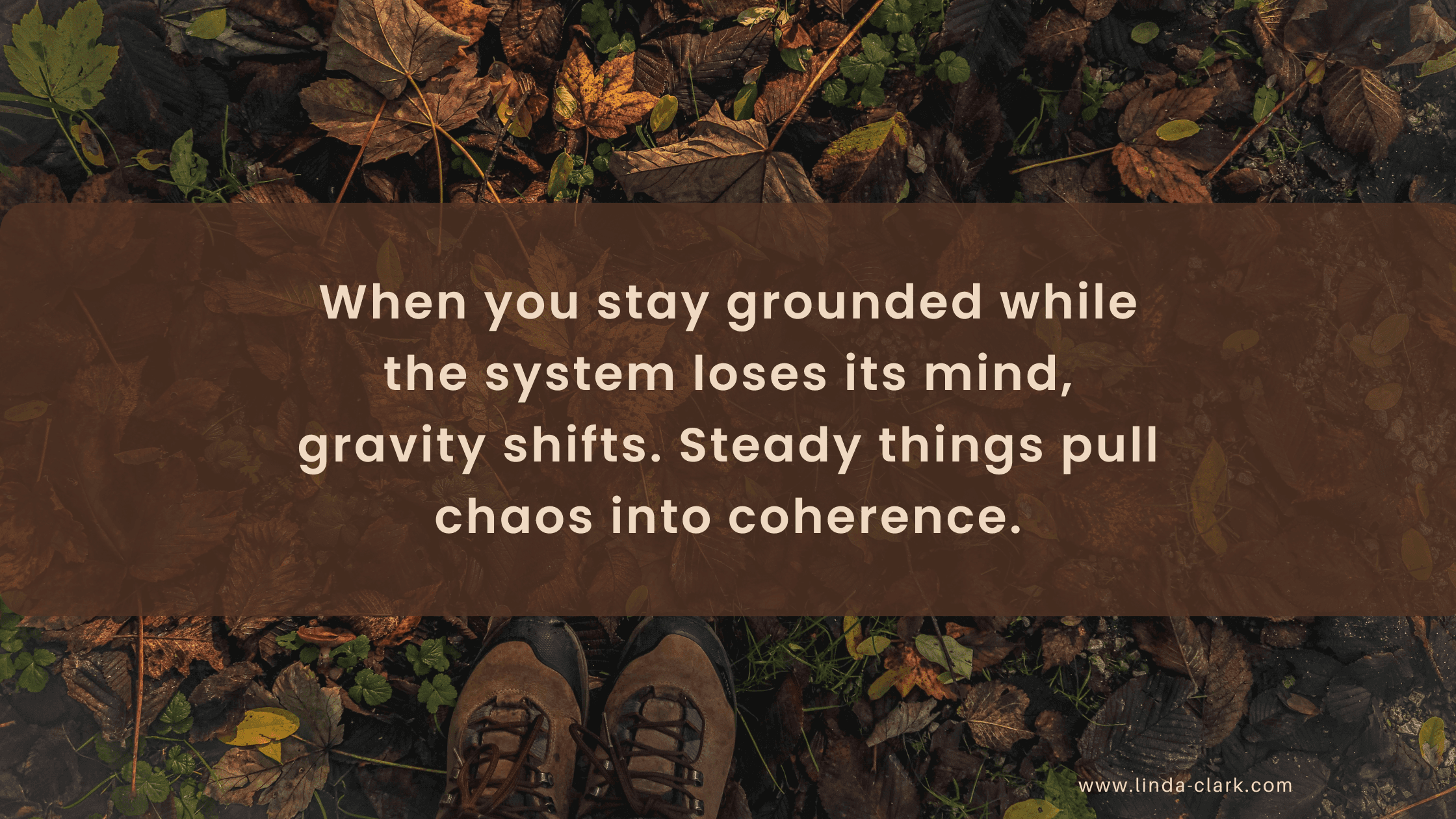 A photo of a forest floor covered in leaves and looking down at your boots in the leaves. The title of the blog post is on a brown background and says Confidence & Collapse in Leadership: The Adjacent Rhythm | Linda Clark