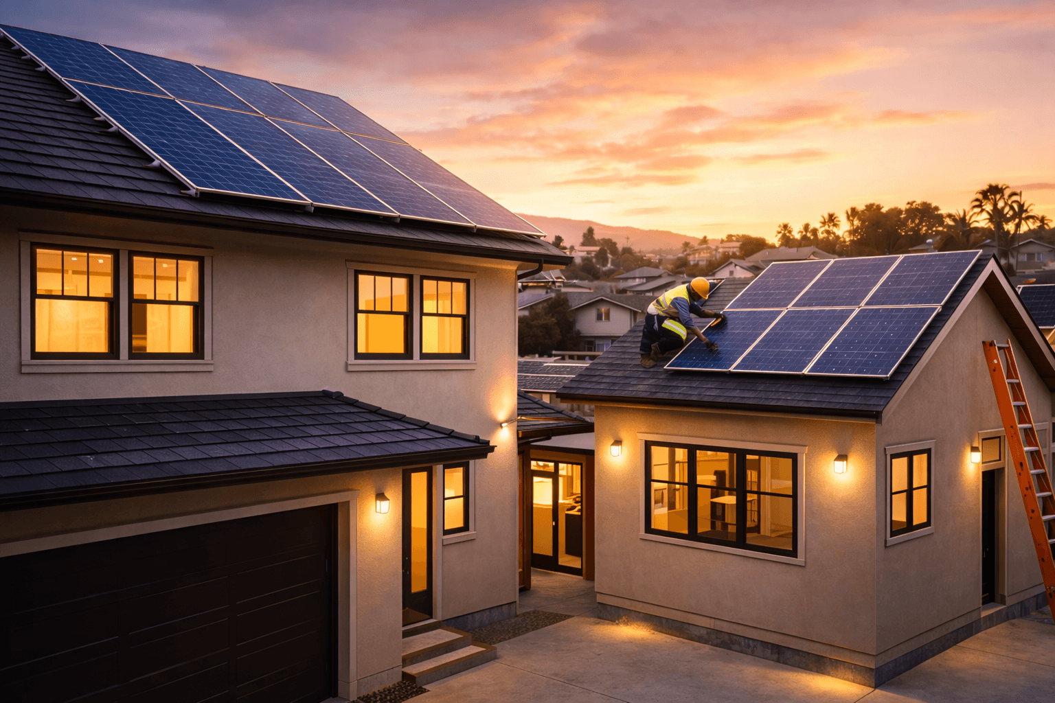 Installer working on rooftop solar panels on a finished home at sunset, warm interior lights glowing.