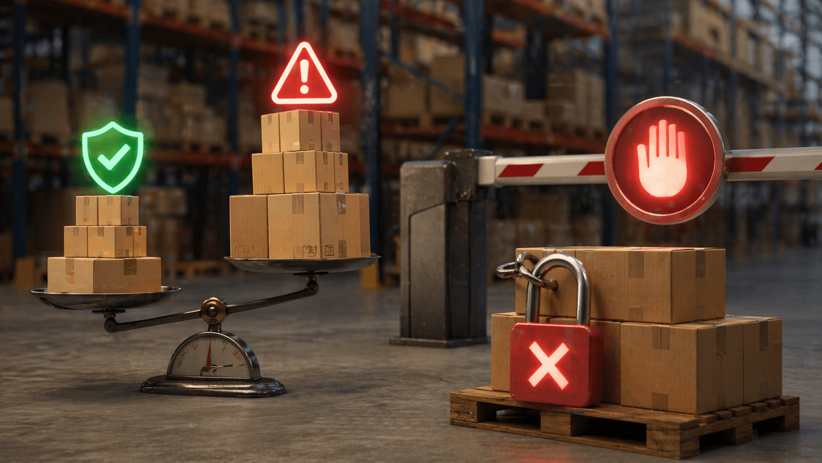 Ilustração 3D realista de um armazém logístico. No centro, uma balança industrial sustenta pilhas de caixas: de um lado, caixas com sinal verde indicando aprovação; do outro, caixas com alerta vermelho indicando risco. Ao lado, um pallet travado com cadeado e um sinal luminoso de bloqueio impedindo o avanço das mercadorias. O ambiente ao fundo mostra prateleiras cheias, levemente desfocadas, reforçando o contexto de distribuição e controle de pedidos.