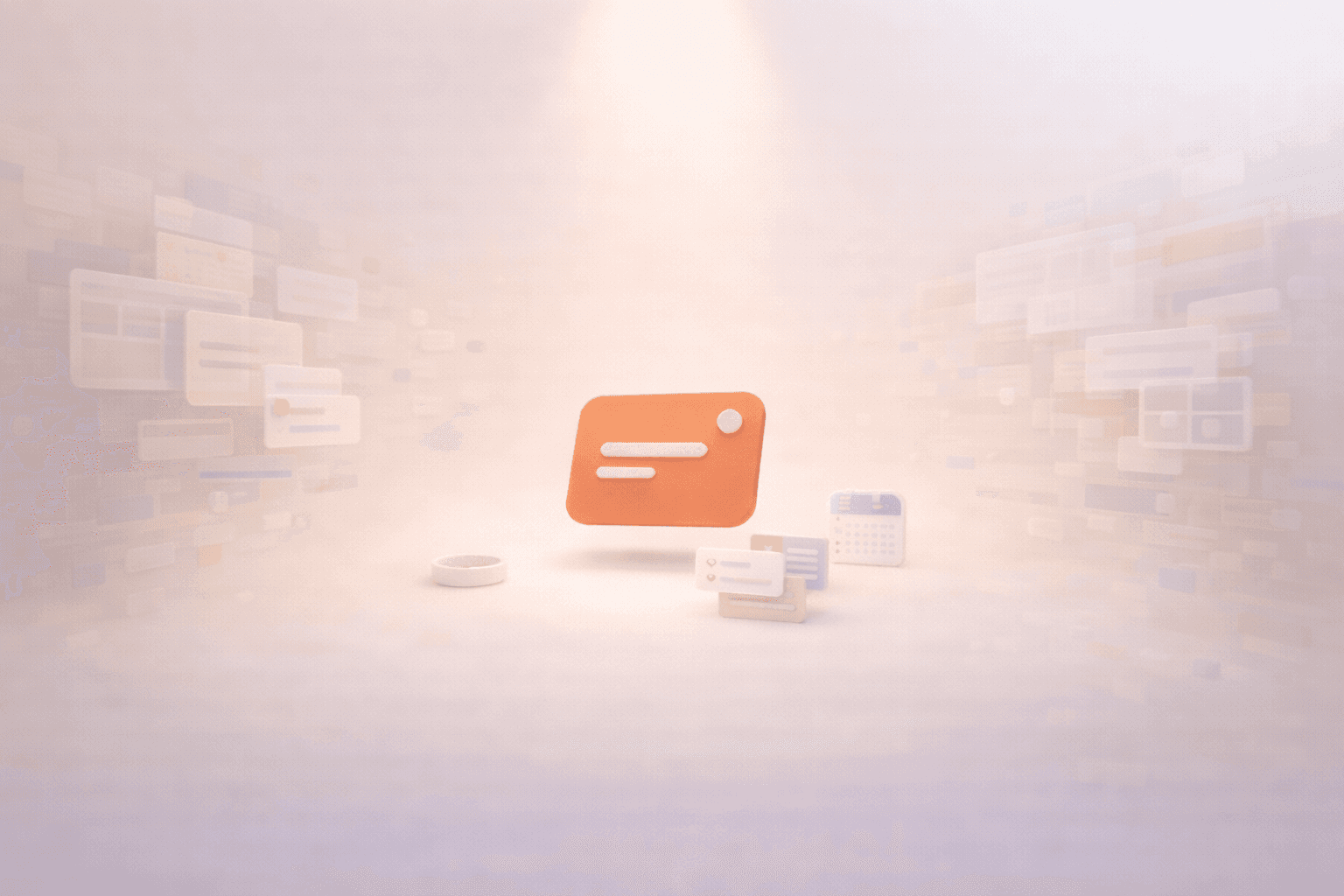 Minimalistische 3D-Illustration mit einer schwebenden korallfarbenen Aufgabenkarte im Zentrum, umgeben von wenigen geordneten Aufgaben- und Kalenderelementen. Am Rand erscheinen halbtransparente Panels, Tabs und Datenbankflächen, die nach außen verblassen und die Reduktion eines komplexen Workspace-Systems auf eine fokussierte Arbeitsumgebung symbolisieren.