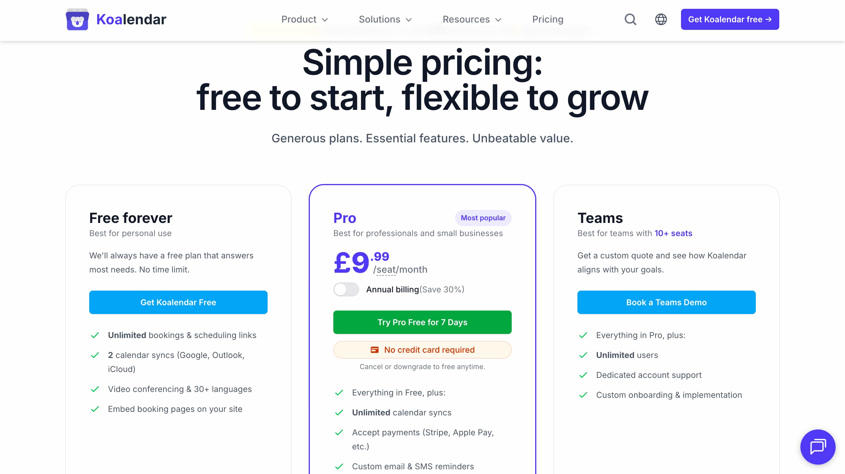 Koalendar pricing page showing subscription plans and feature comparisons