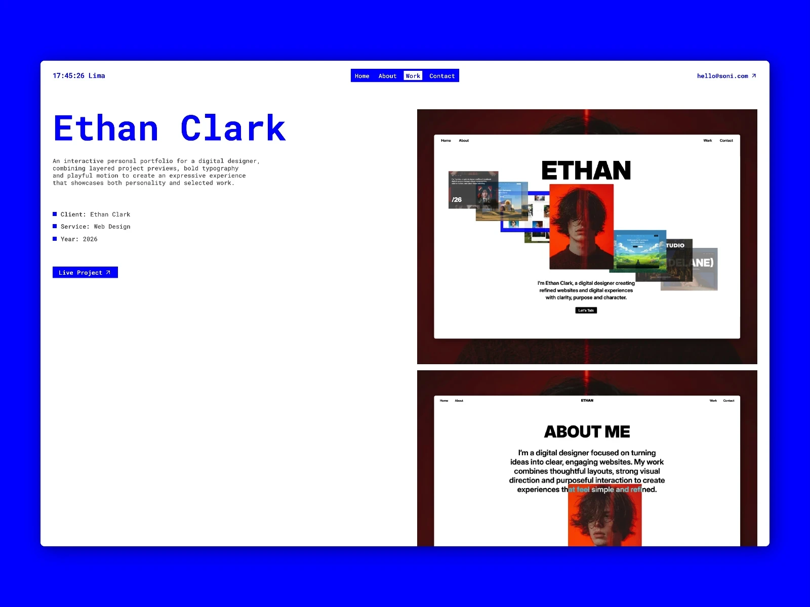 SONI project case study page displaying portfolio project images and details
