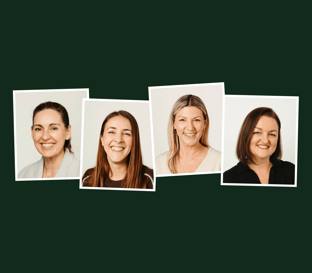A polaroid style collage of headshots of the No Nits team on a green background