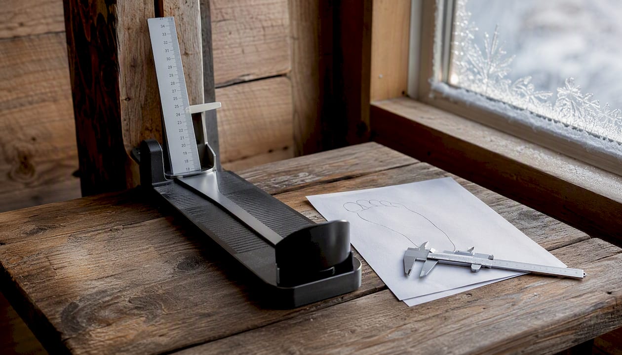 Foot-measurement tools arranged on a wooden table