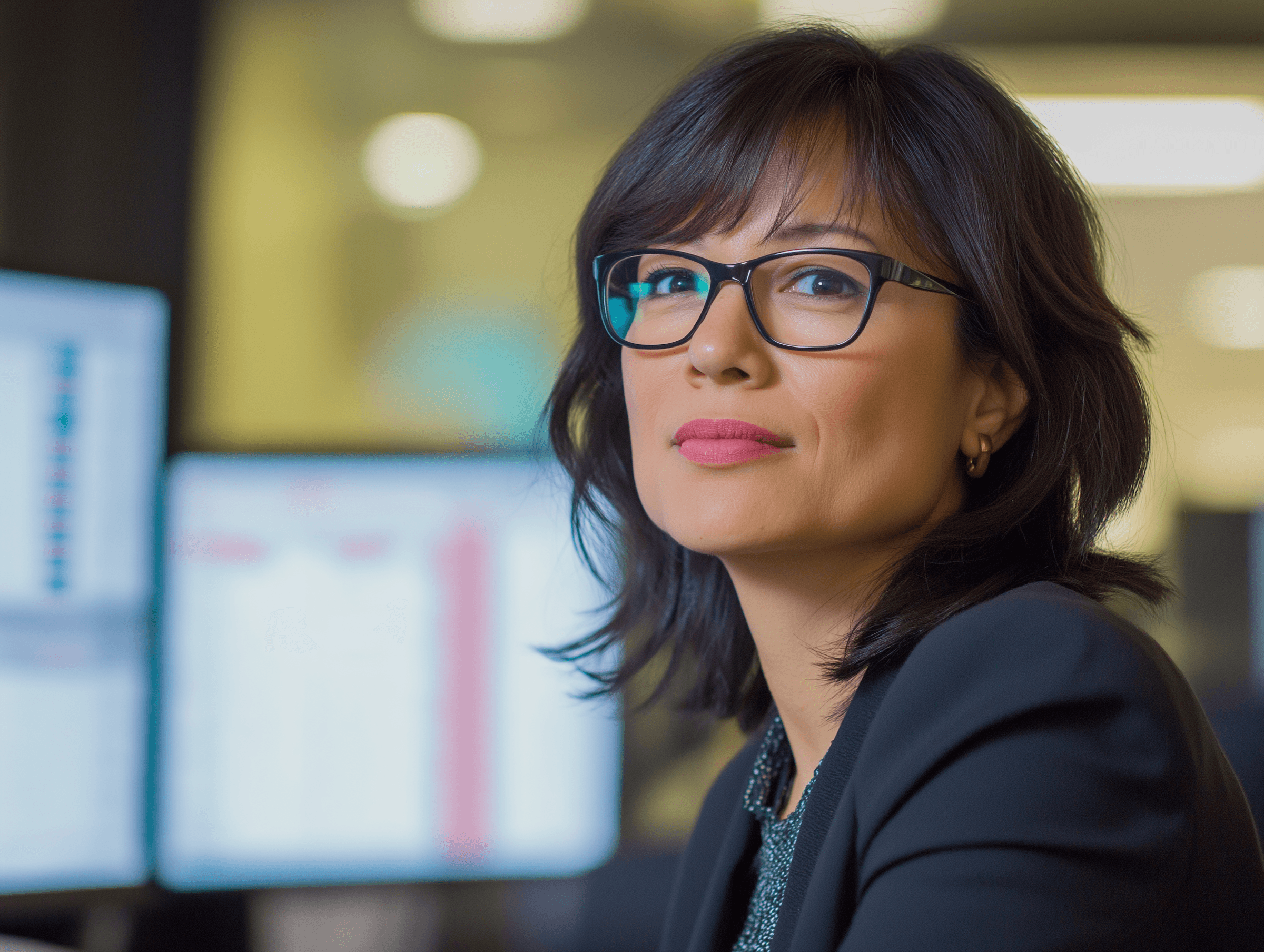 Confident woman in a black blazer with gold accessories, seated in a professional setting with blurred colleagues in the background.