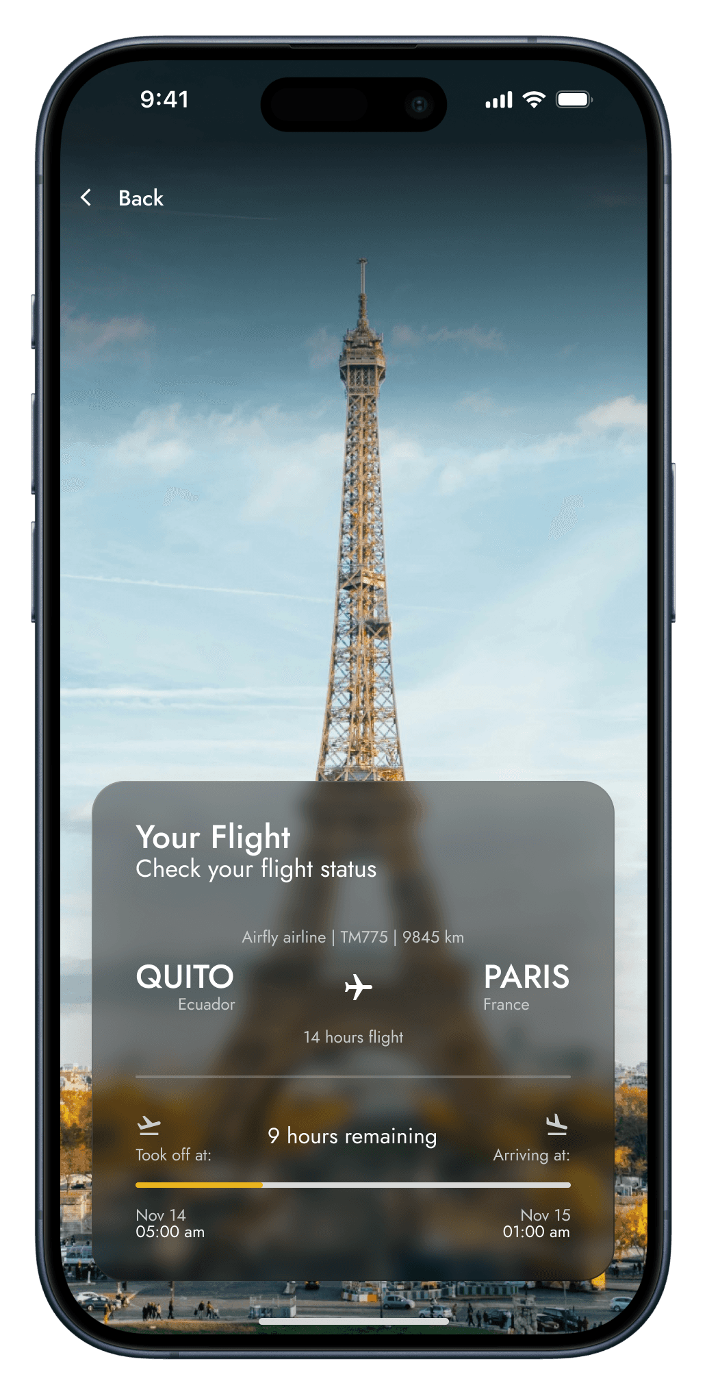 Flight status card in a travel app showing a Quito to Paris route with duration and arrival details.
