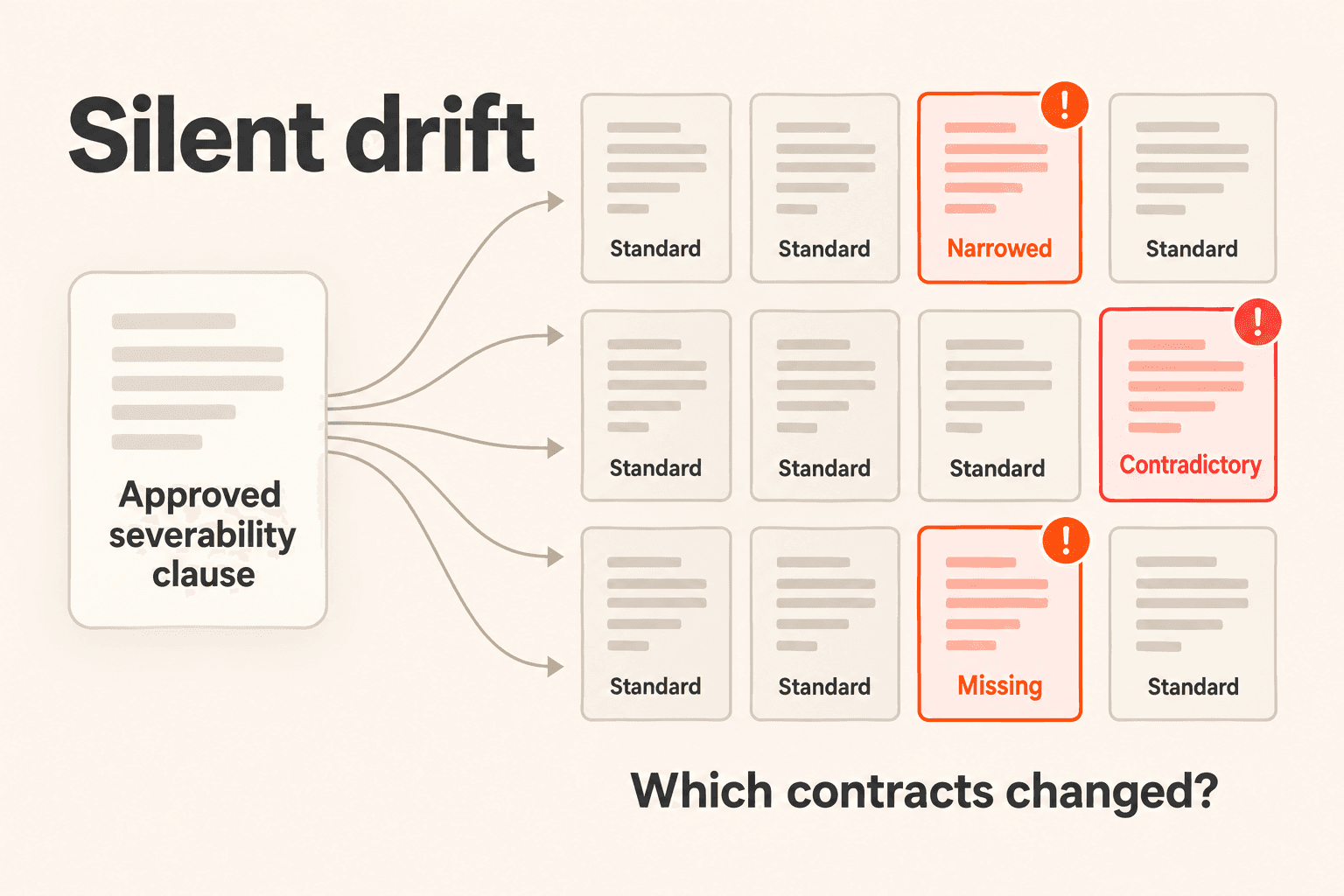 Silent drift diagram: one approved severability clause fans out to twelve contracts, three of which carry narrowed, contradictory, or missing language