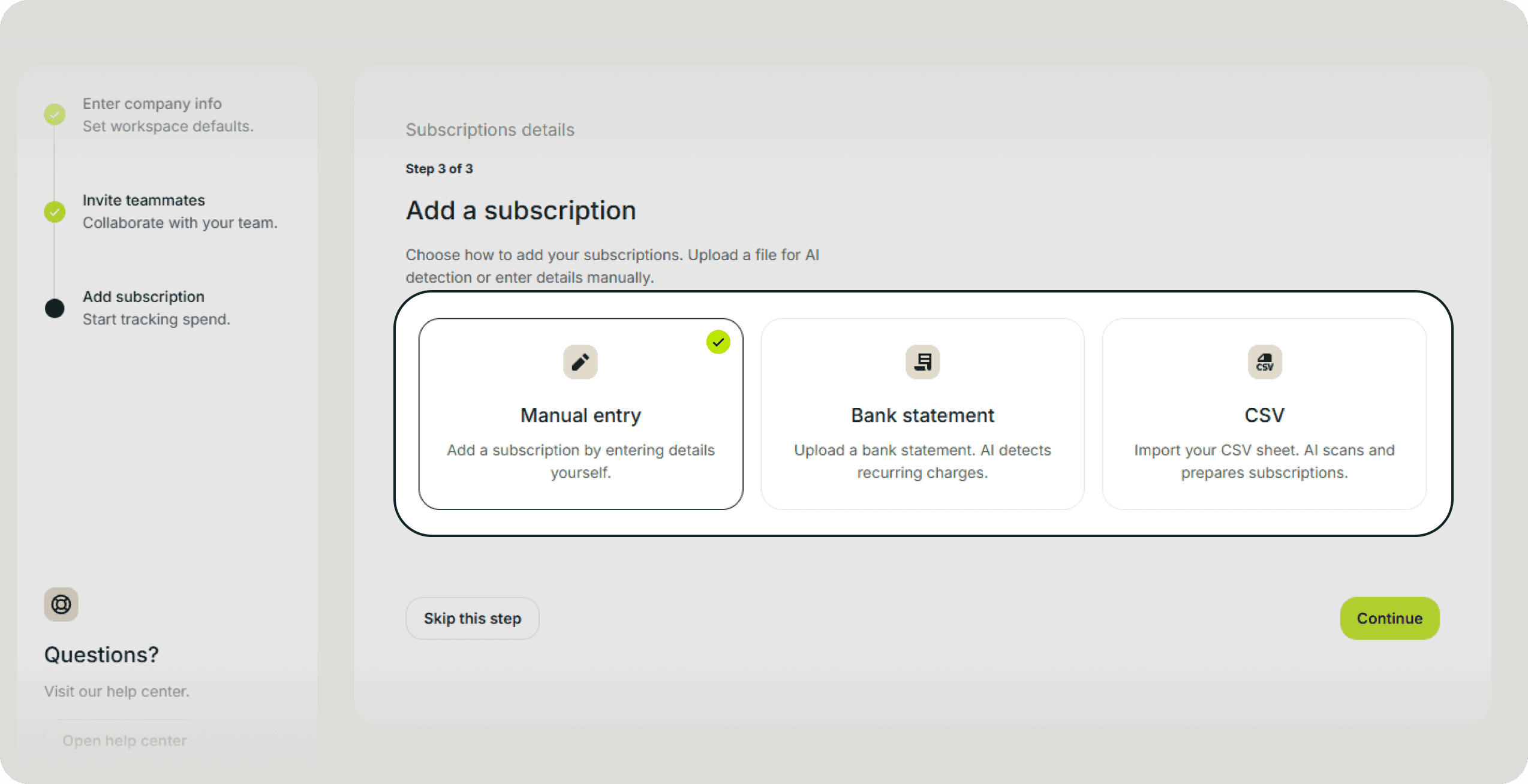 Subsight import options showing manual entry, bank statement upload, and CSV import methods.