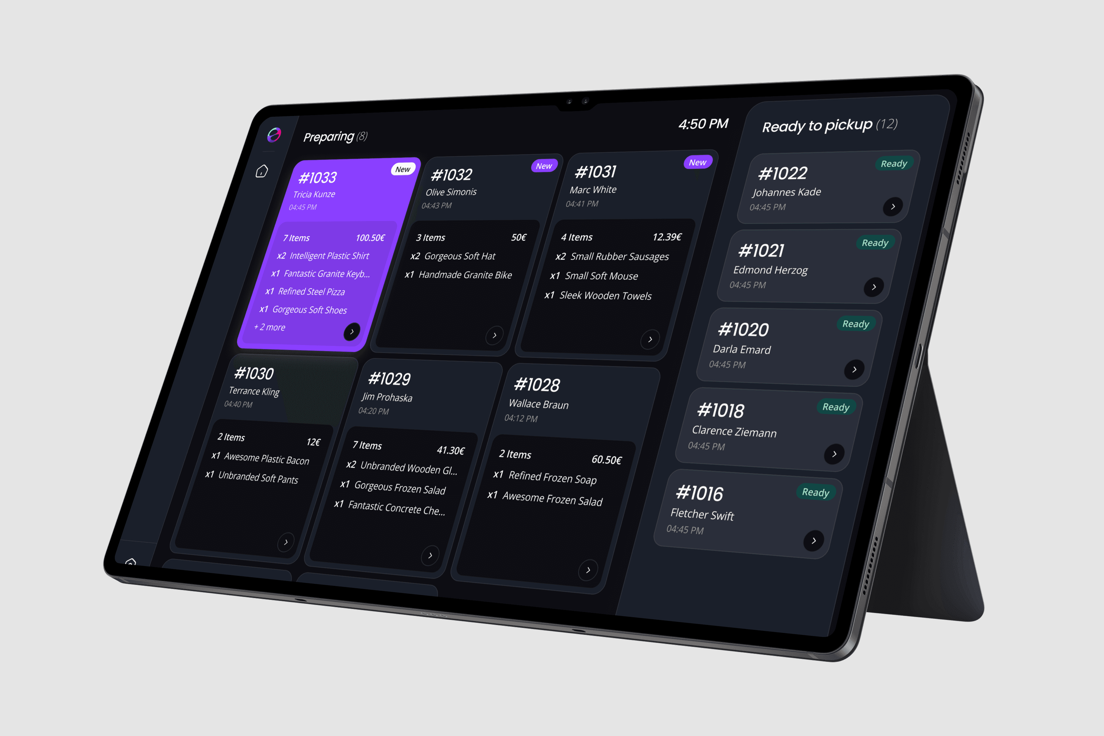 The Eventbro provider-side app on a tablet, showing a dashboard for bartenders to manage incoming and ready-to-pickup orders efficiently.