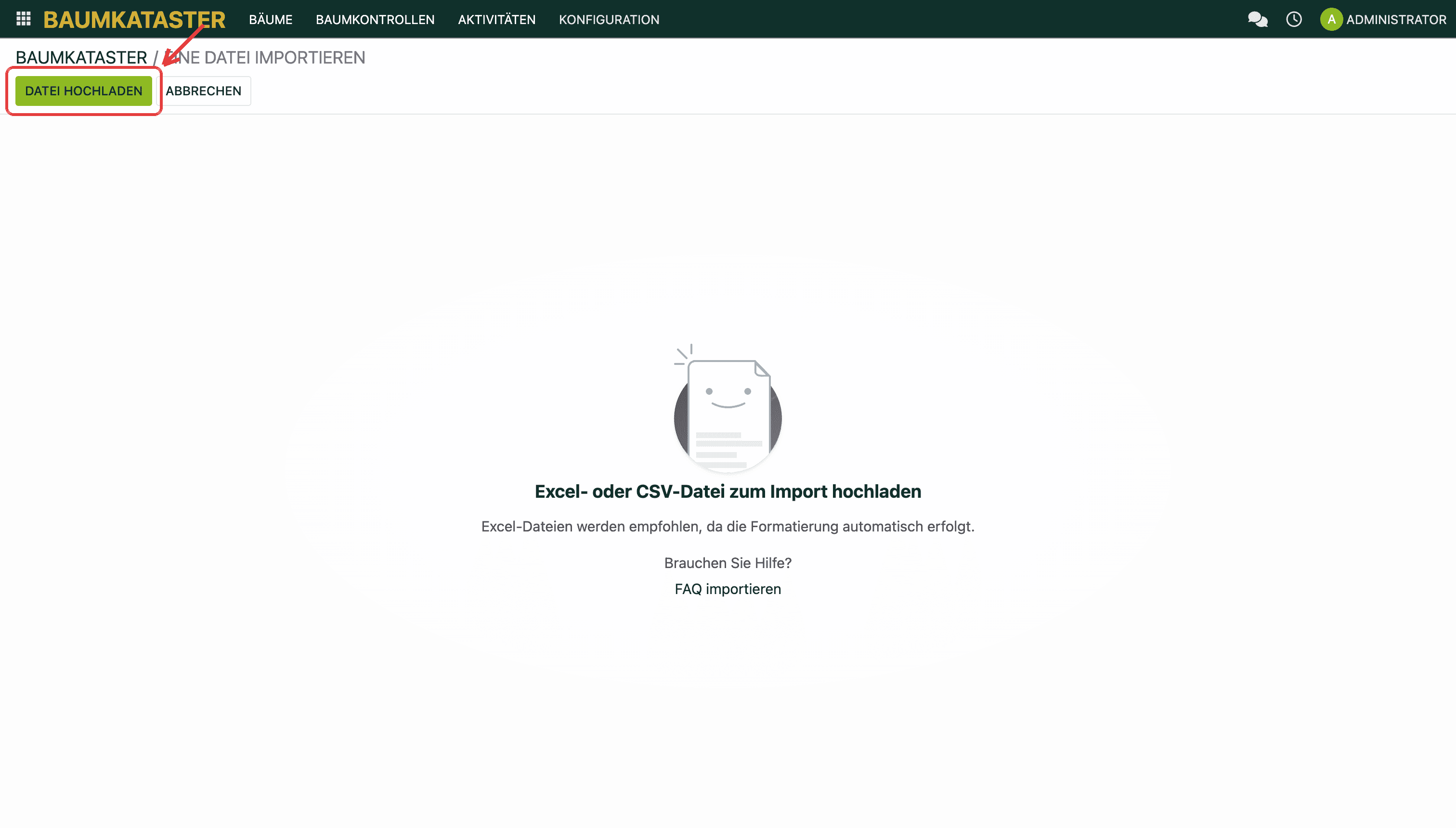 Import-Bildschirm vor dem Hochladen.