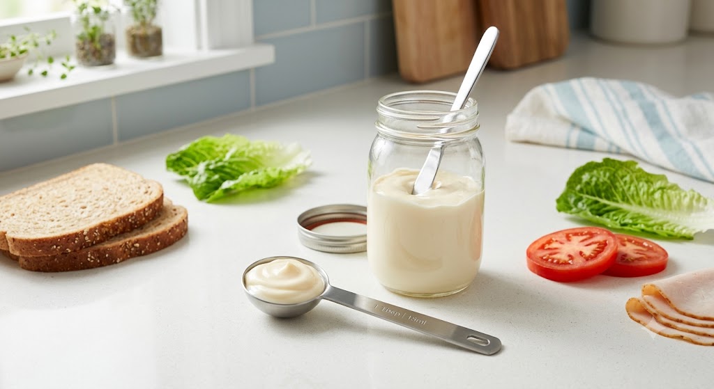 A measuring spoon holding 1 tablespoon of light mayonnaise on a kitchen counter next to an open jar and sandwich ingredients (bread, turkey, lettuce, tomatoes) for a nutrition guide.