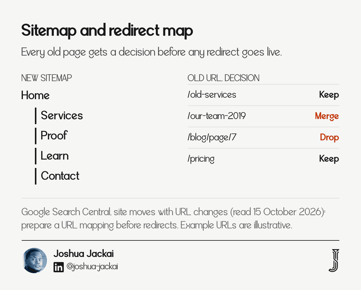 Sitemap tree on the left and an old URL to new URL redirect map on the right, each old page marked keep, merge or drop