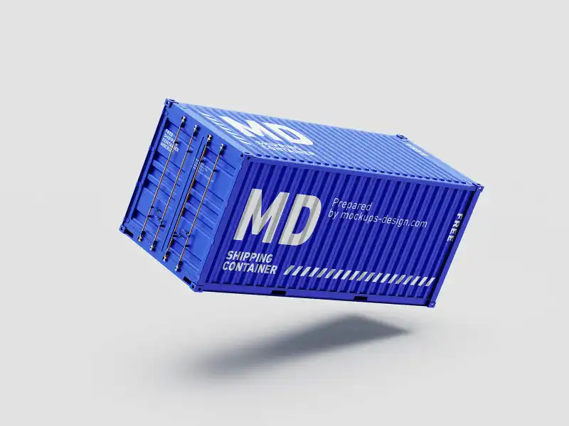 Floating blue shipping container mockup on a light gray background. The container features bold white text, creating a dynamic, modern display for logistics or industrial branding designs.