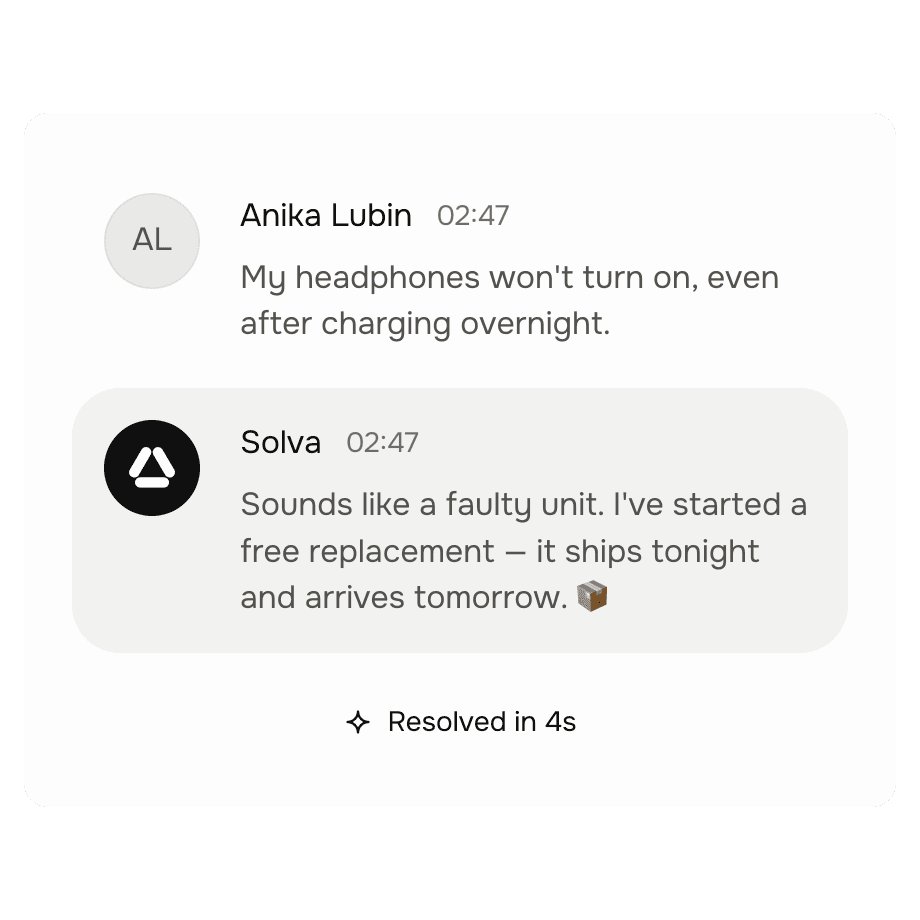 Solva resolving a customer's product issue in seconds