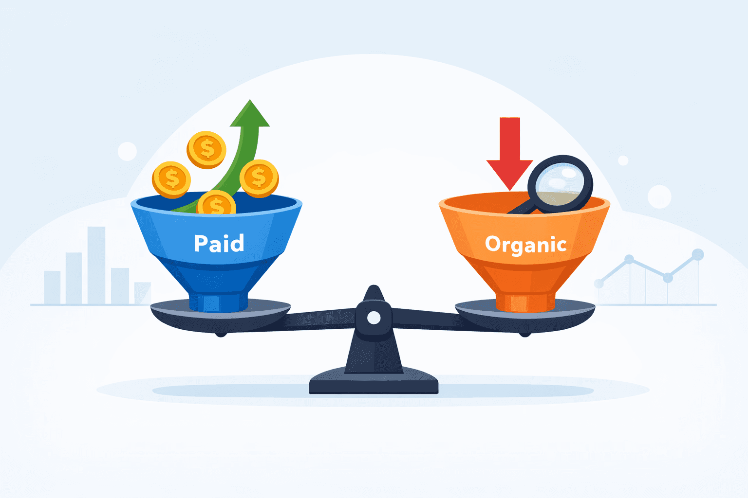 Amazon PPC and organic sales balance scale showing advertising cannibalization concept for Amazon sellers 2026