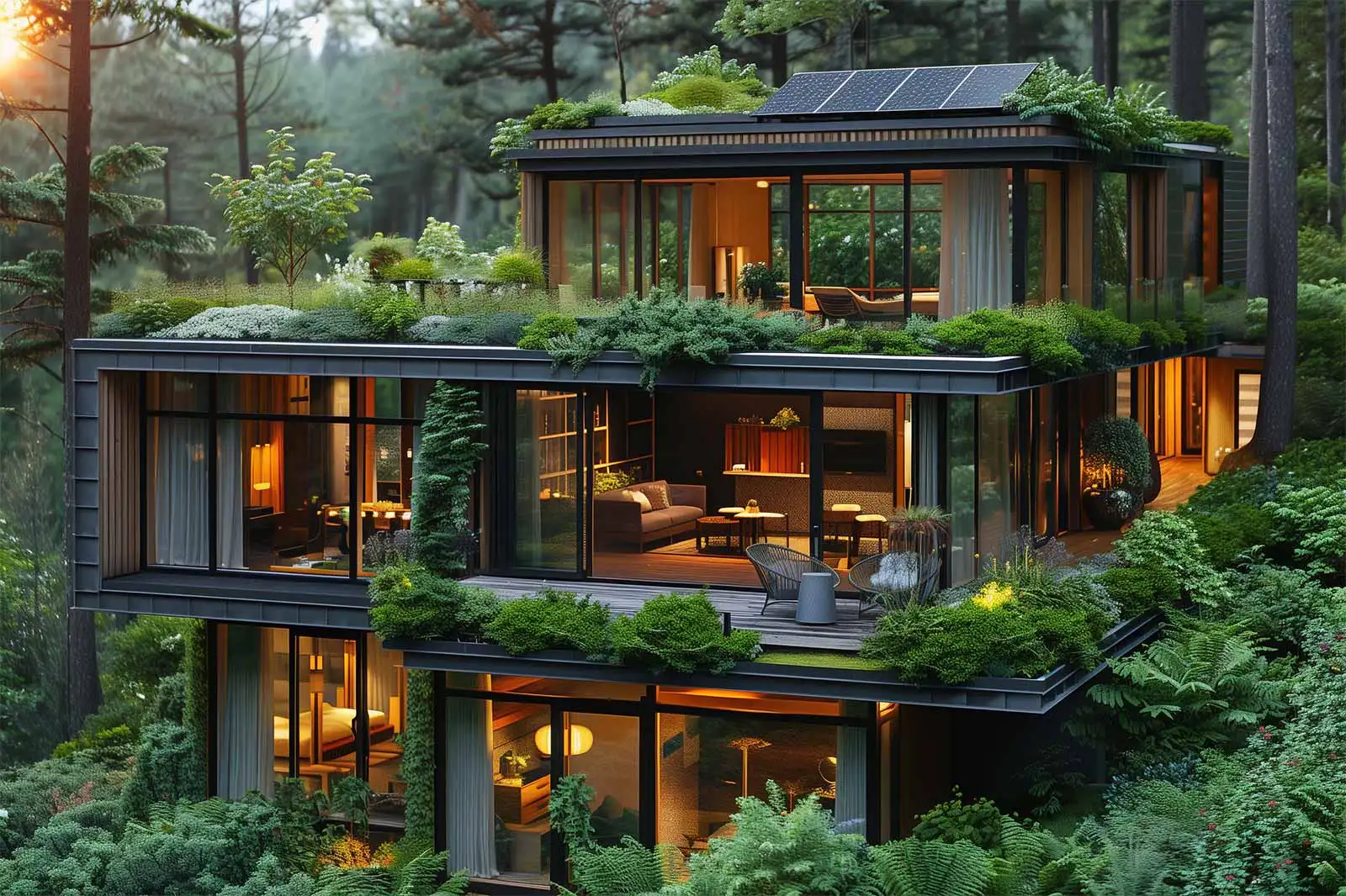 Modern multi-level home surrounded by lush greenery with solar panels on the roof and large glass windows, emphasizing sustainable design