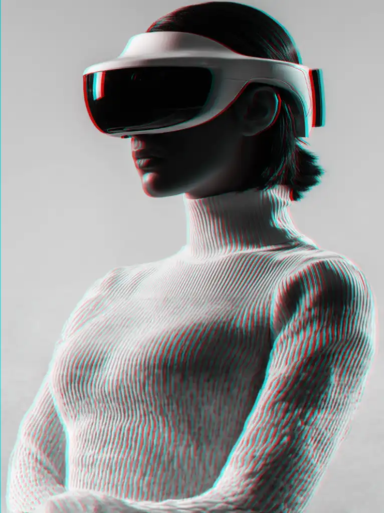 female wearing vr gogles wearing white sweater