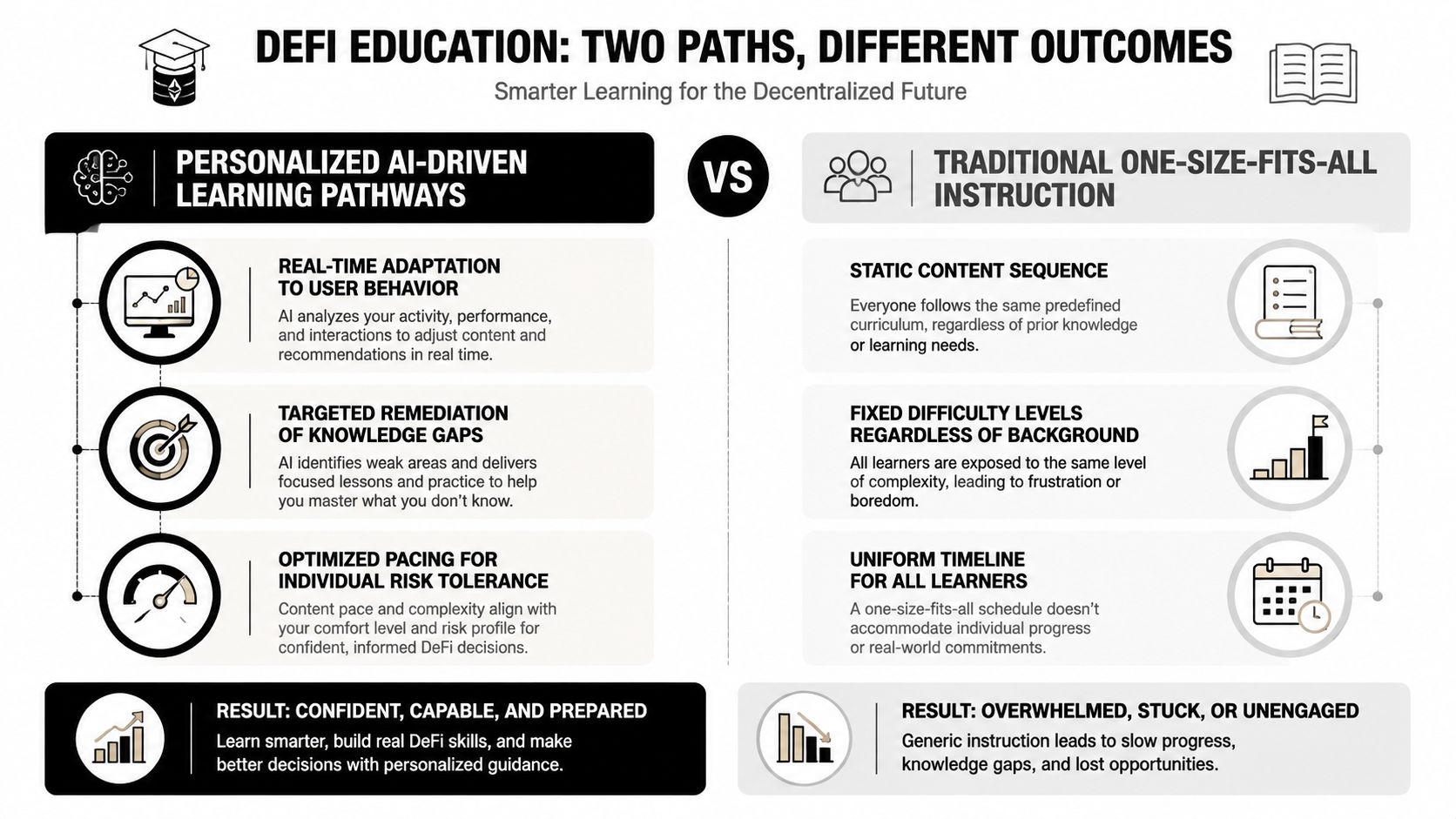 A comparison chart showing personalized AI-driven learning versus traditional one-size-fits-all instruction for DeFi education.