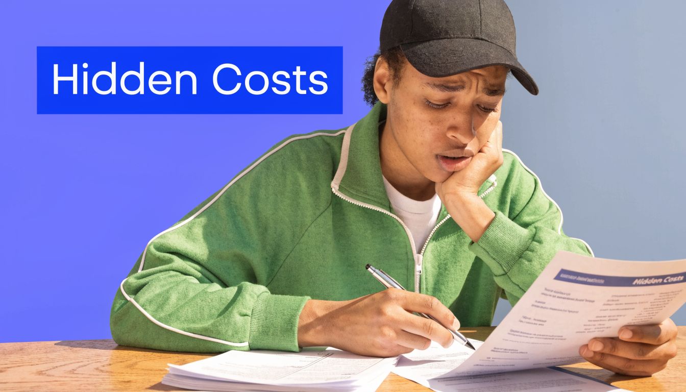 A concerned person wearing a green jacket and black cap reviewing documents labeled Hidden Costs
