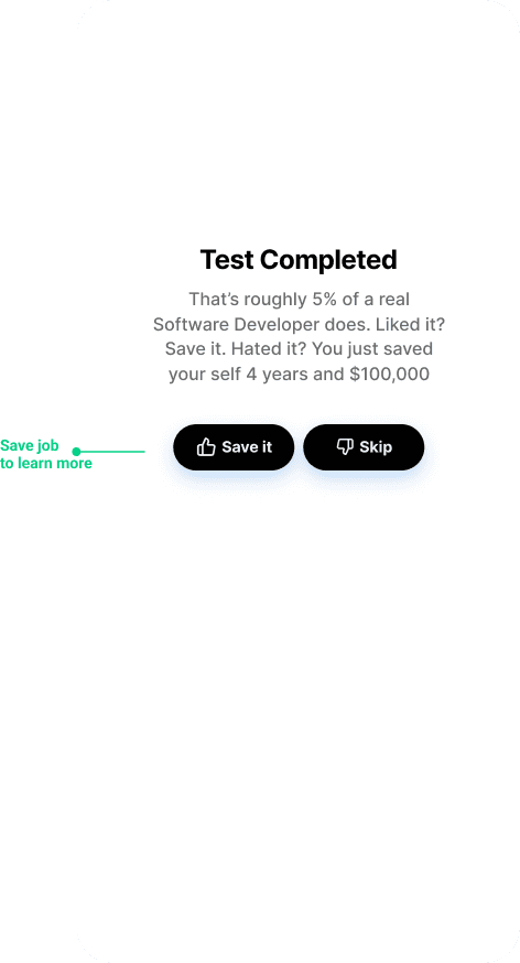 A monochrome mobile wireframe showcasing a video-first 'Day in the Life' layout. The screen features a large, full-bleed vertical image or video placeholder block. Overlayed at the bottom are text lines indicating a job title and short description, alongside circular button icons for user interactions like liking, sharing, or asking questions.