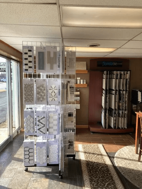 Variety of tile samples displayed at Shilling's Carpets & Floors showroom