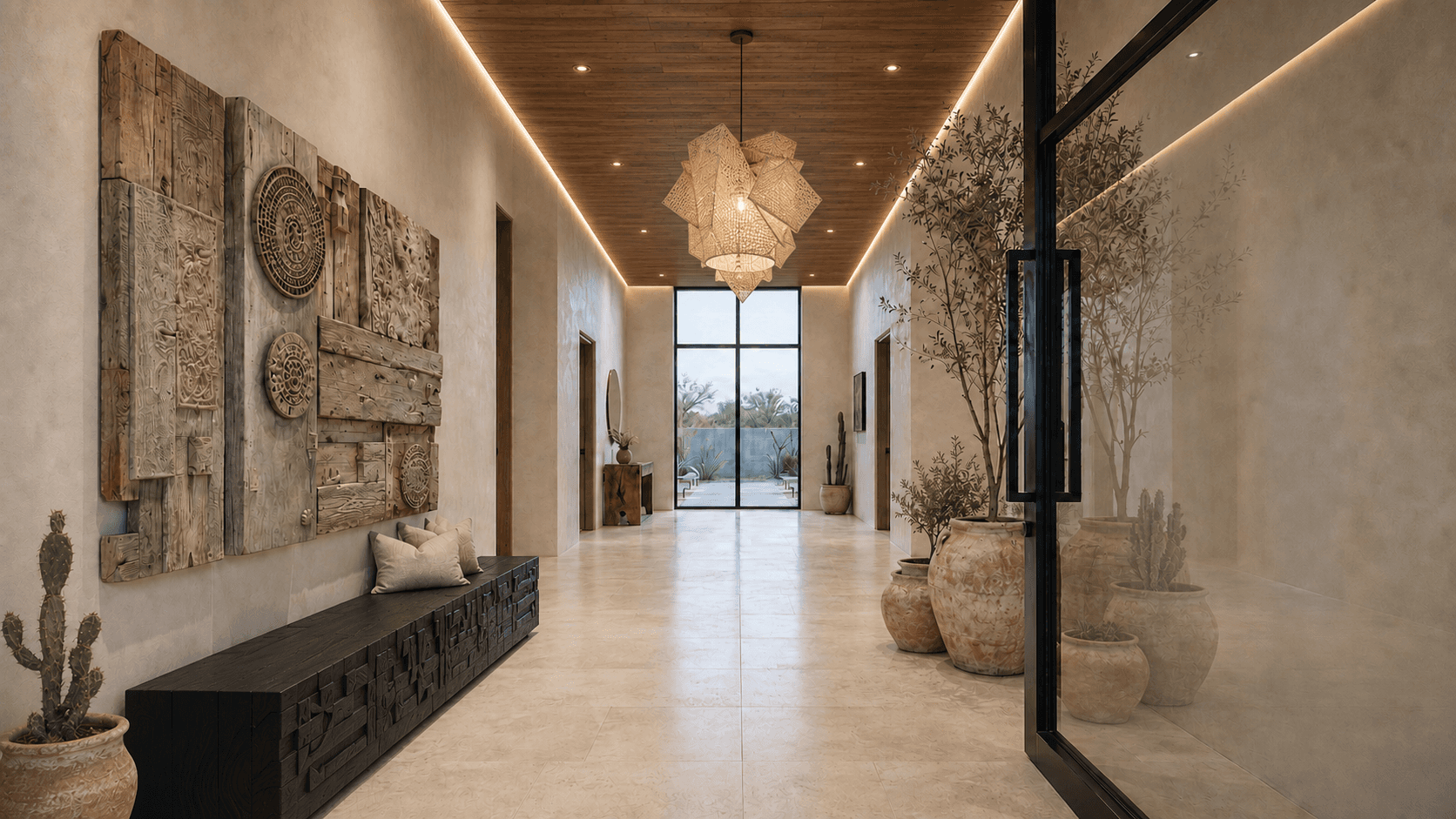 Room hall whith natural rock and artistic decoration