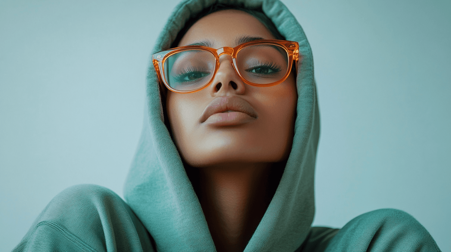 Portrait up of a modern person wearing a high-end fashion green hoodie