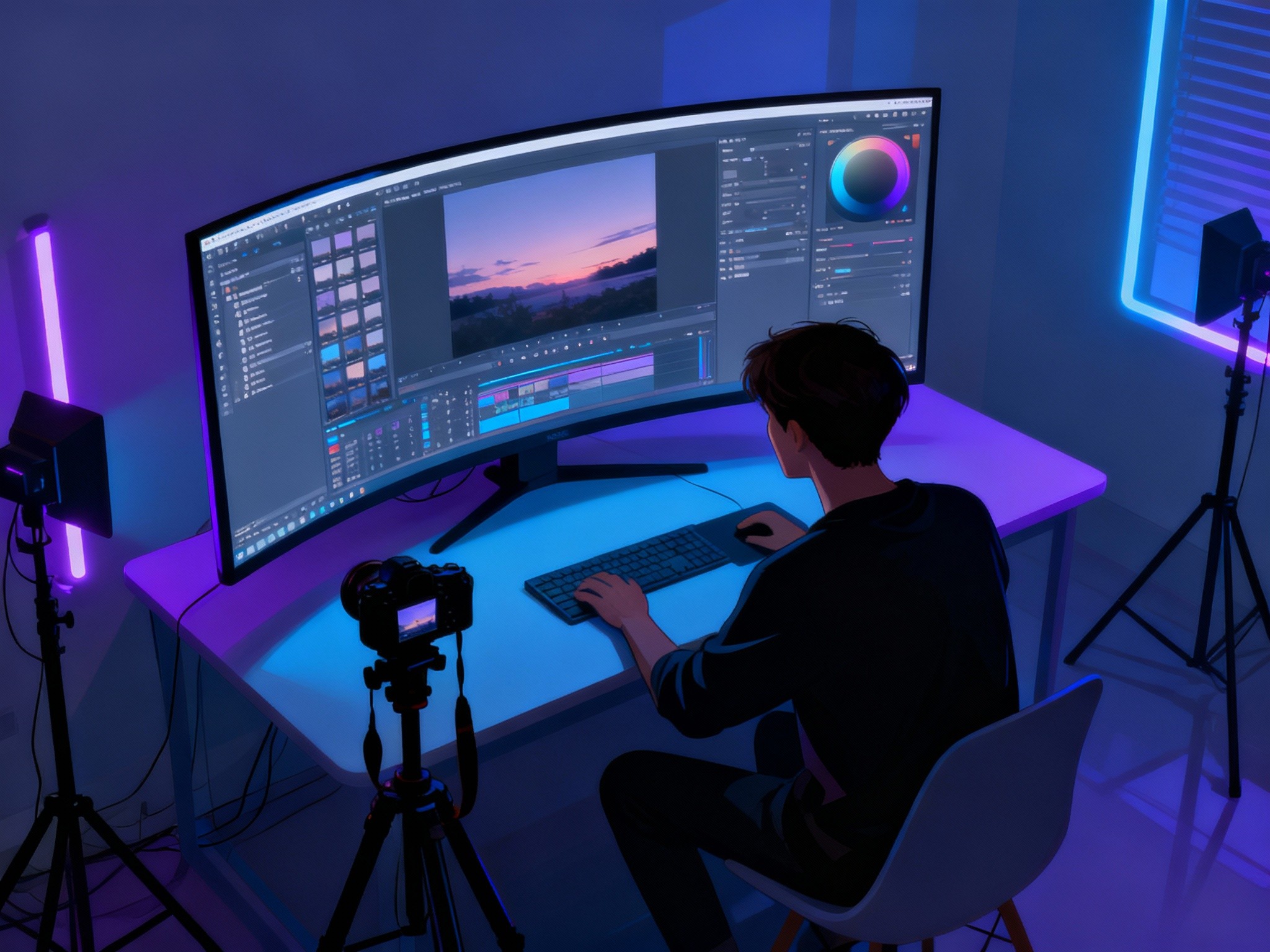 An expansive shot at dusk featuring a modern studio interior where a photographer uses Aftershoot