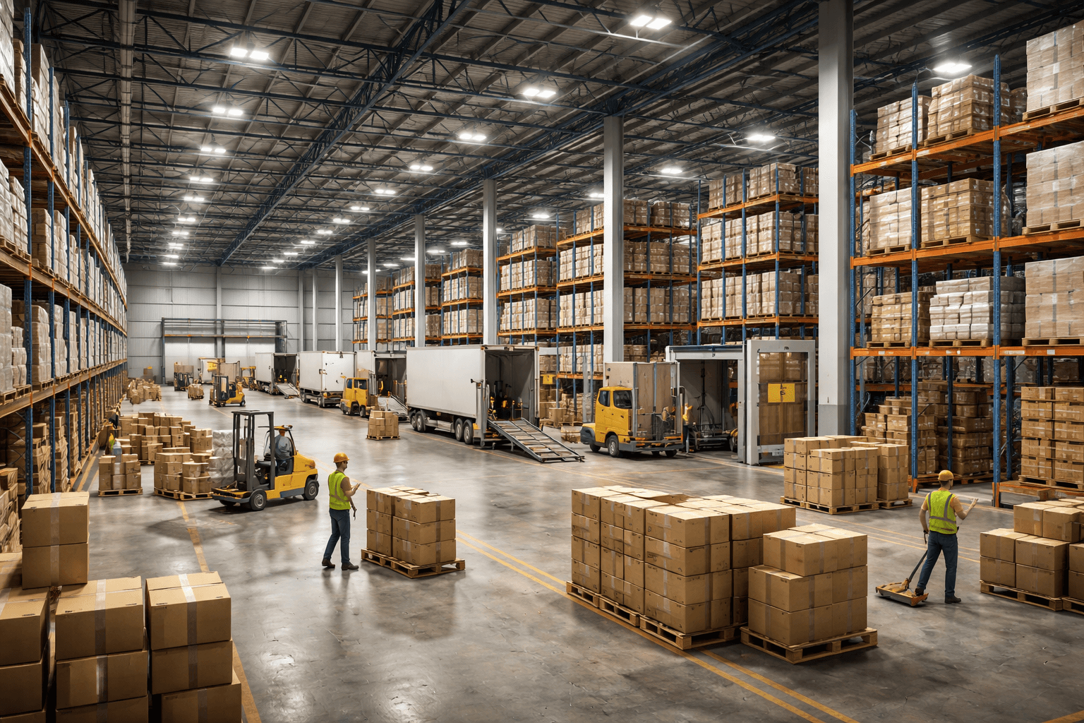 Centro de distribuição em armazém amplo com prateleiras altas cheias de pallets e caixas, empilhadeiras movimentando cargas e caminhões no dock de expedição, mostrando operação logística e armazenagem de produtos.
