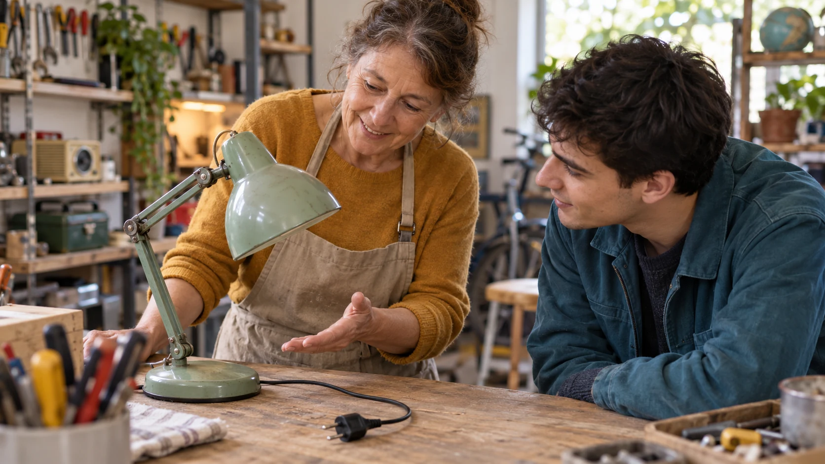Dans un atelier, une réparatrice et un jeune homme observent une lampe de bureau débranchée posée sur un établi.